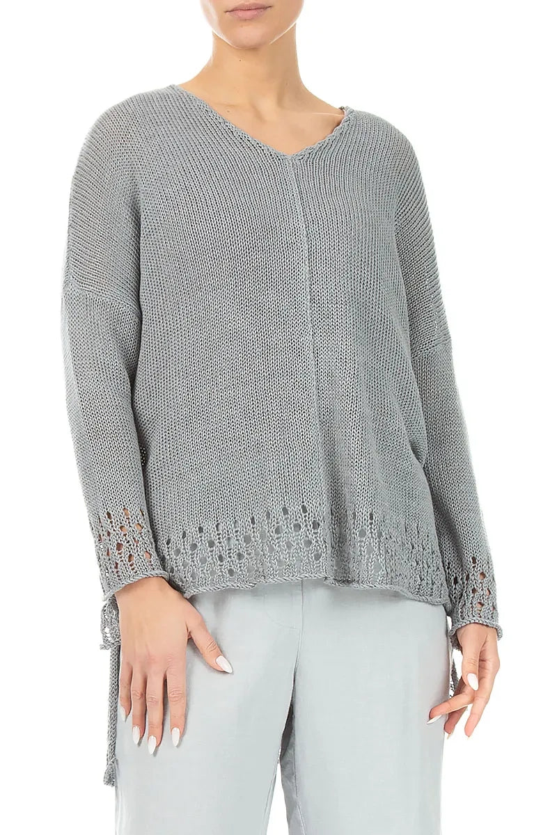 Openwork Hem Grey Linen Jumper 3