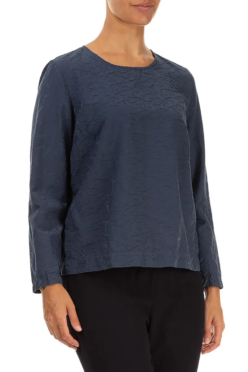 Ornamented Graphite Blue Silk Cotton Blouse