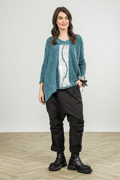 Oversized Deep Teal Silver Metallic Mélange Wool Sweater 1