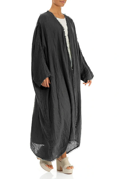 Oversized Raw Edge Graphite Gauze Linen Jacket
