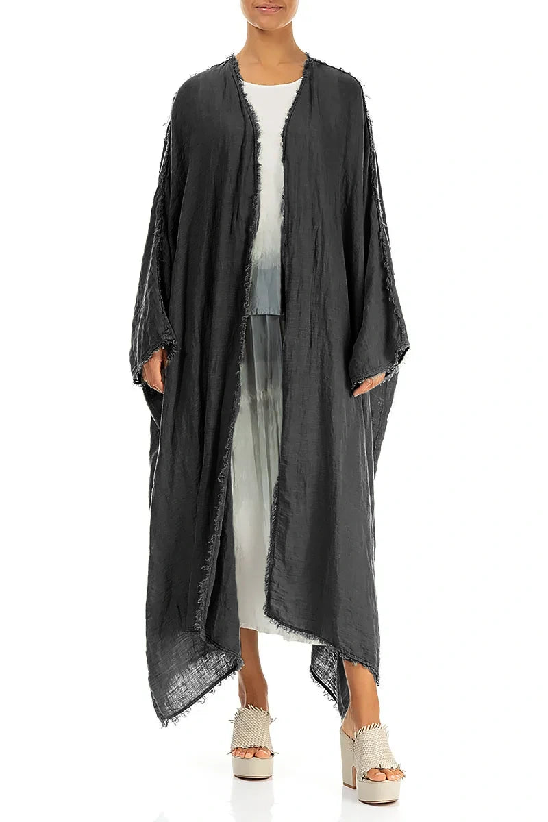 Oversized Raw Edge Graphite Gauze Linen Jacket