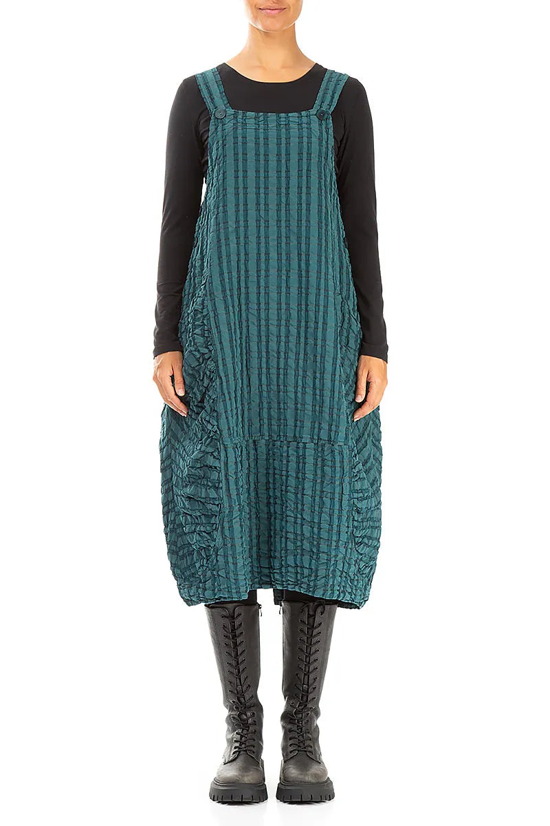 Peacock Checkered Linen Cotton Pinafore Dress