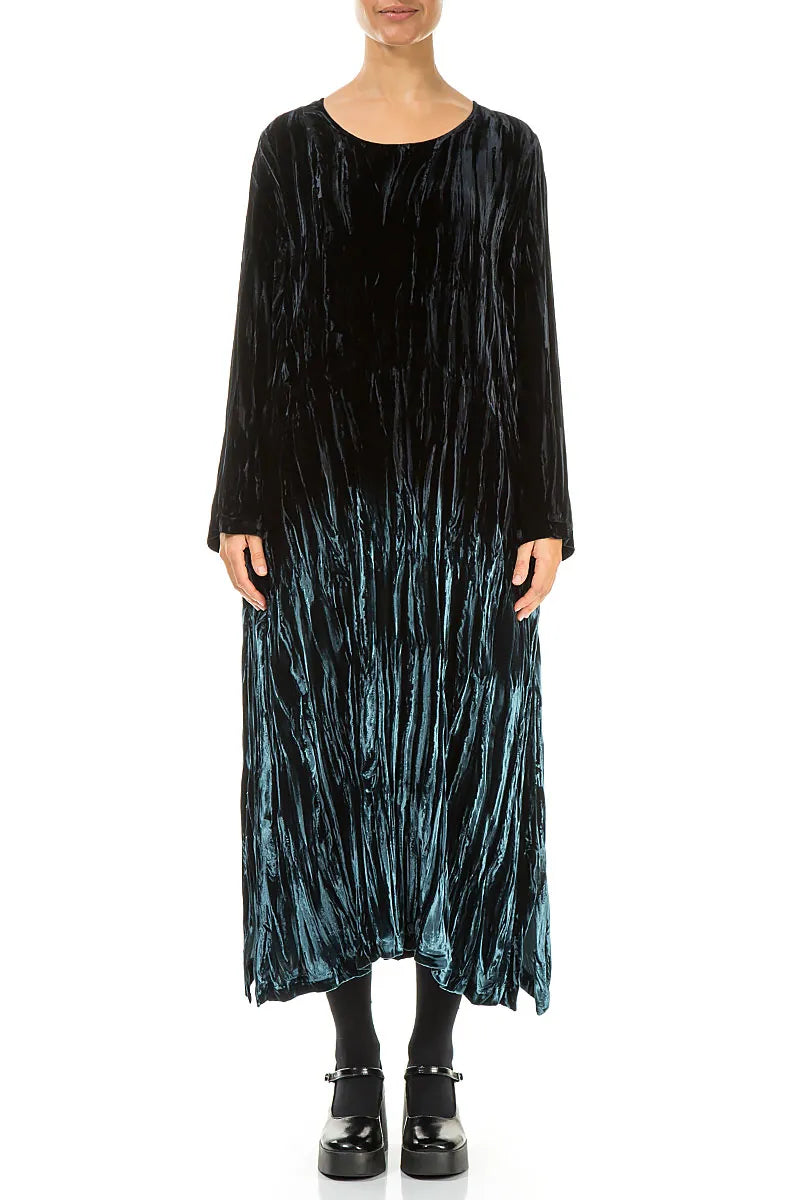Robe droite ombrée en velours de soie à motif paon