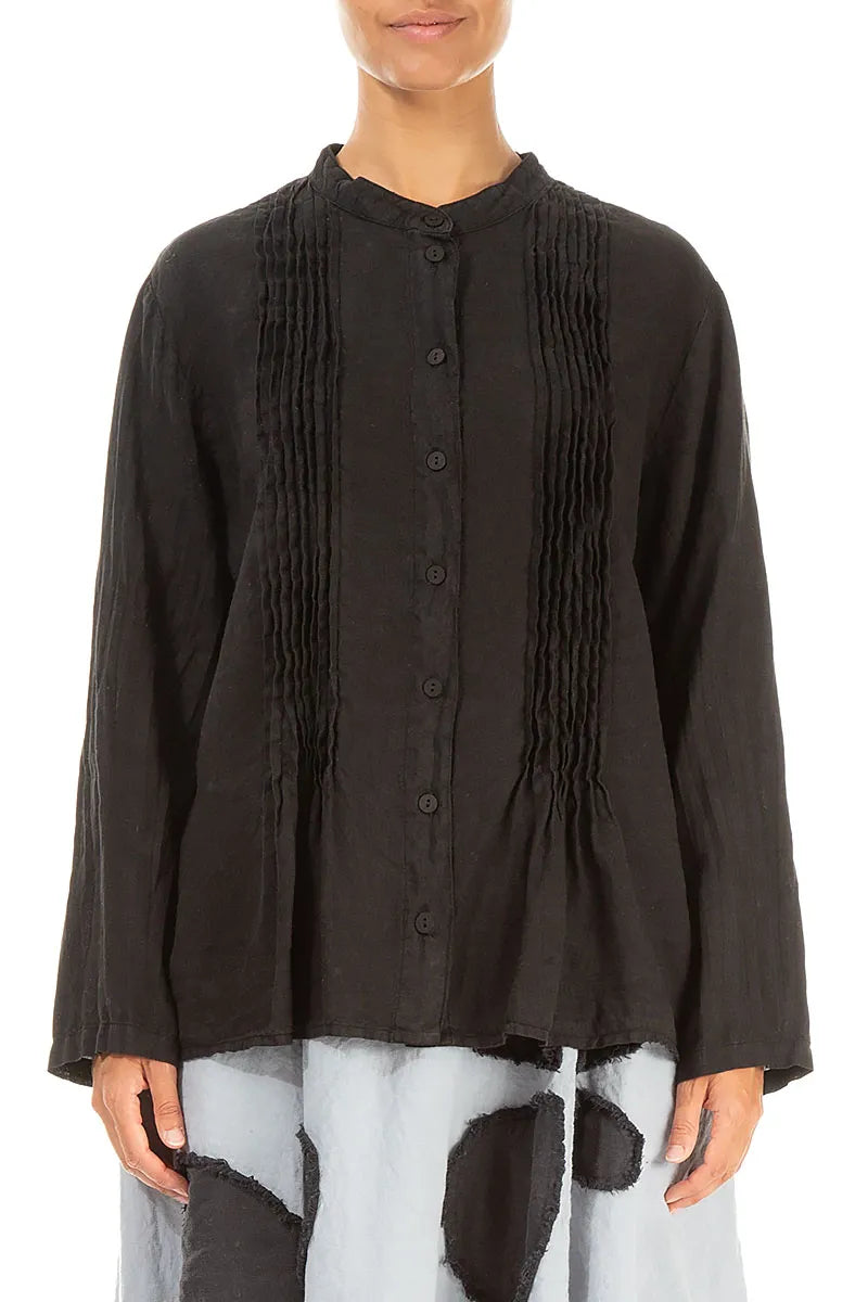 Pin-Tucked Black Linen Shirt 1