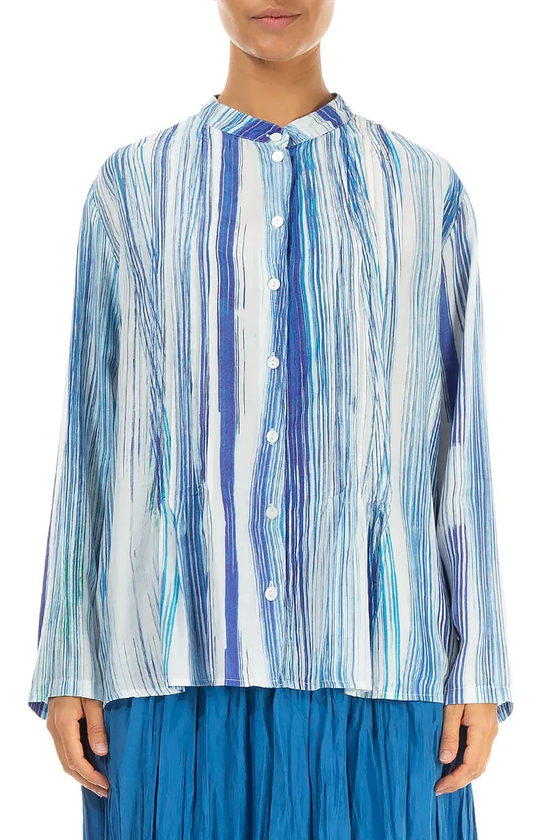 Pin-Tucked Blue Wash Stripe Silk Bamboo Shirt