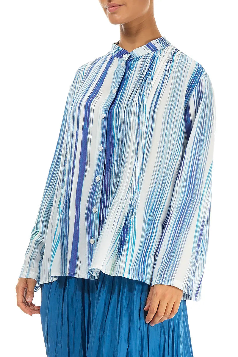 Pin-Tucked Blue Wash Stripe Silk Bamboo Shirt