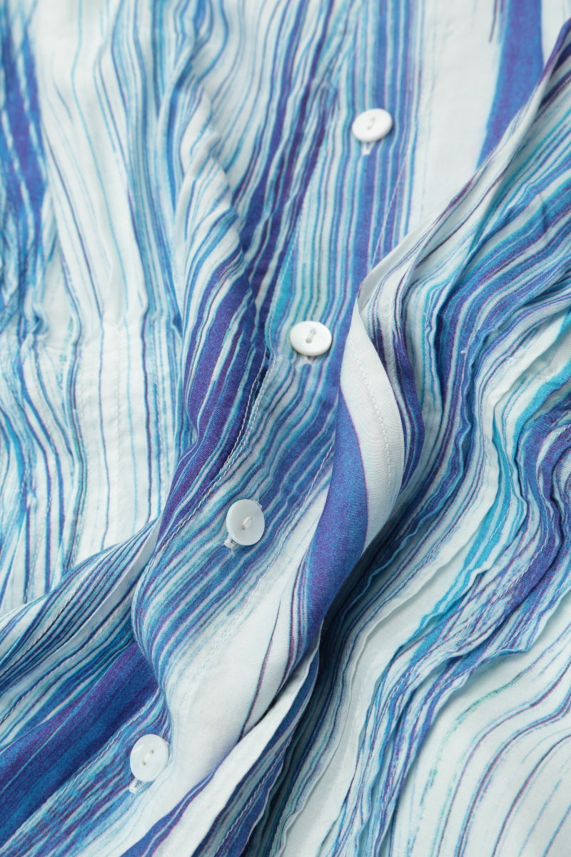 Pin-Tucked Blue Wash Stripe Silk Bamboo Shirt