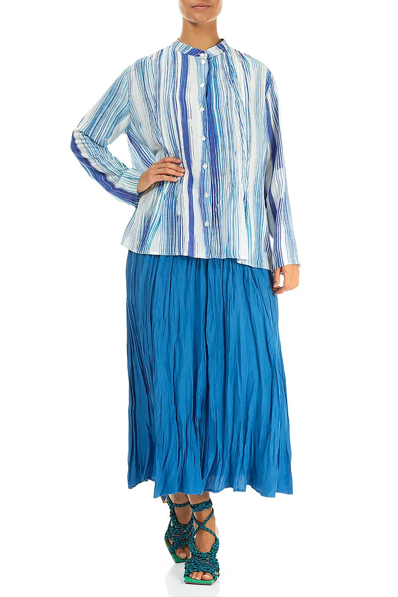 Pin-Tucked Blue Wash Stripe Silk Bamboo Shirt