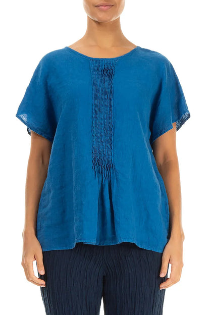 Pin-Tucked Cobalt Blue Linen Blouse