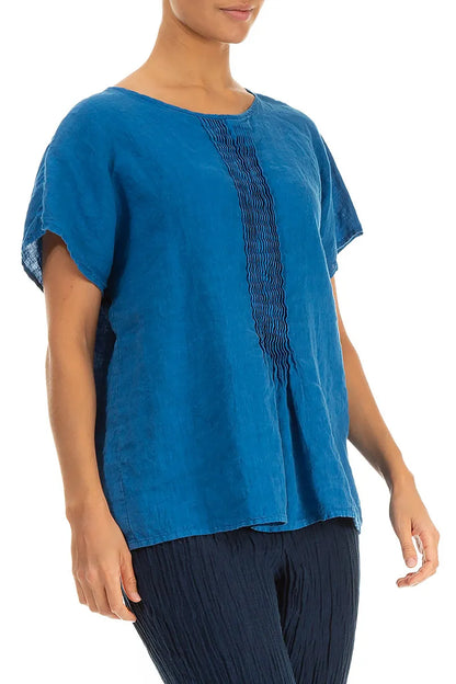 Pin-Tucked Cobalt Blue Linen Blouse
