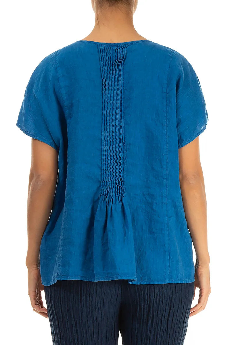 Pin-Tucked Cobalt Blue Linen Blouse