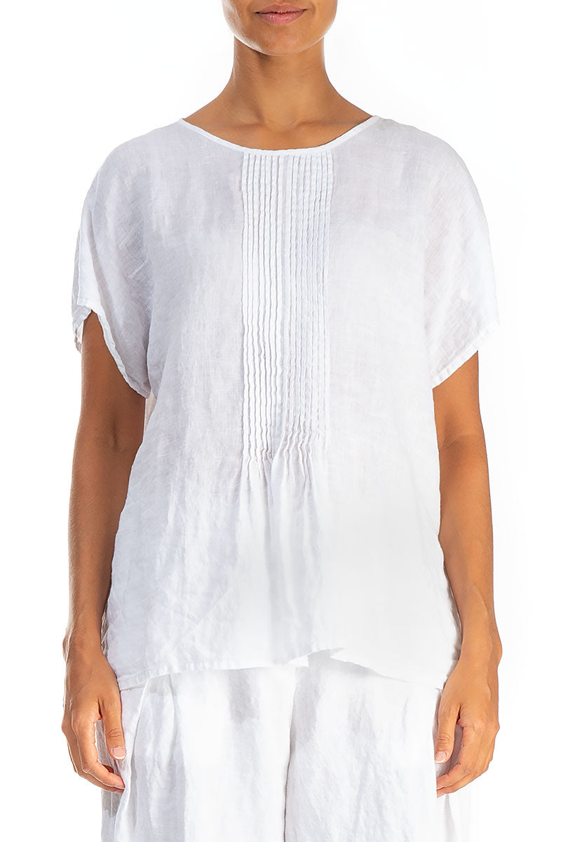 Pin-Tucked Pure White Linen Blouse 1