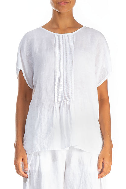 Pin-Tucked Pure White Linen Blouse 1