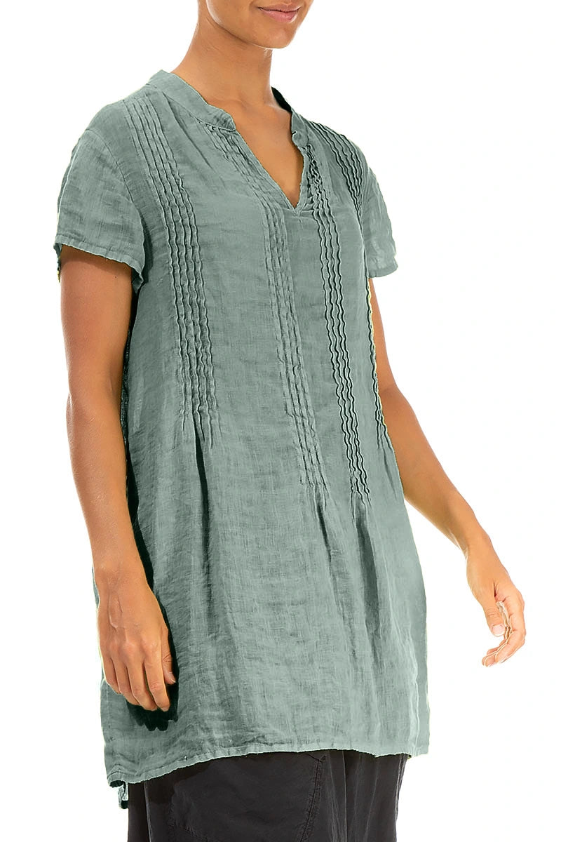 Pin-Tucked Sage Gauze Linen Tunic 3