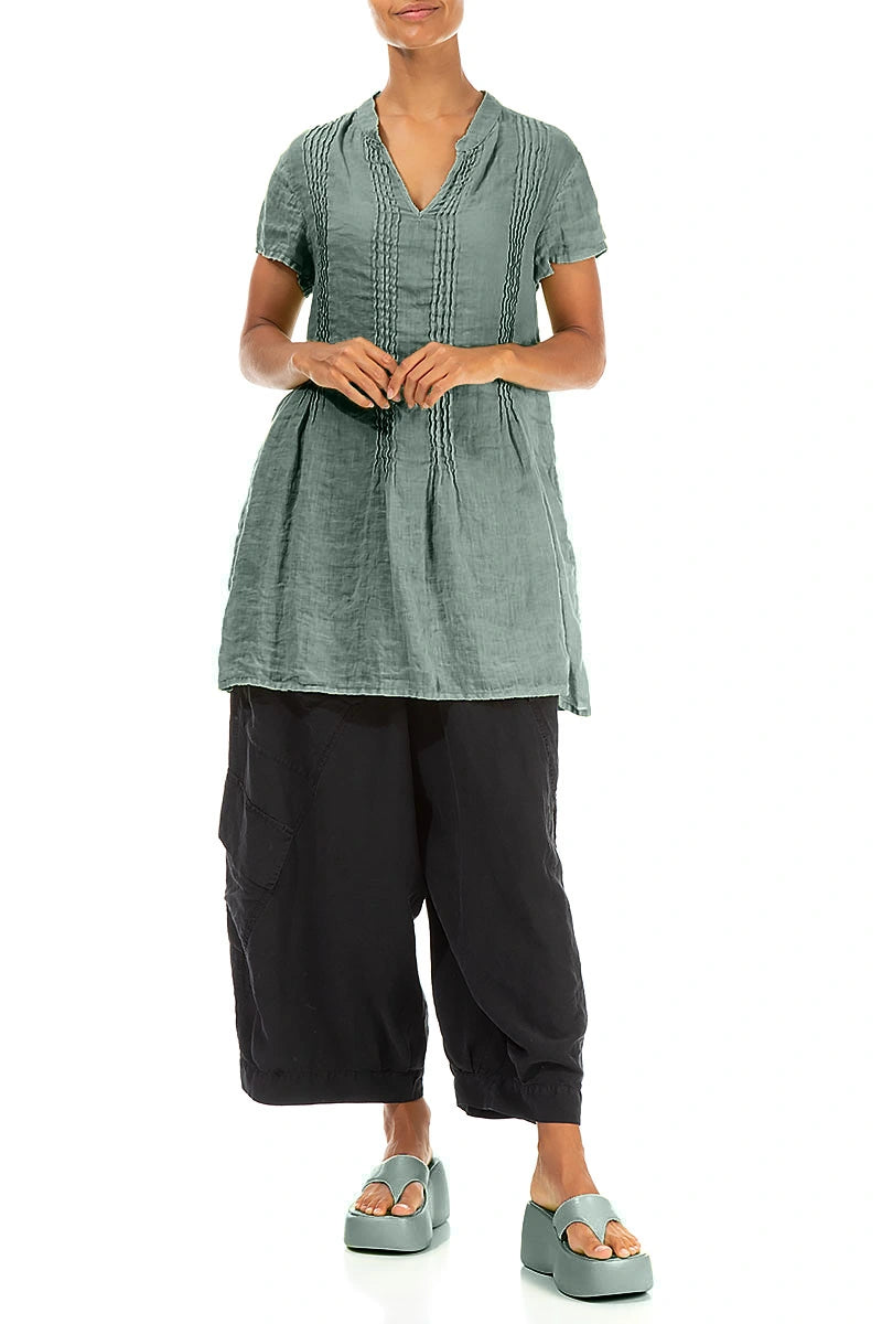 Pin-Tucked Sage Gauze Linen Tunic 4