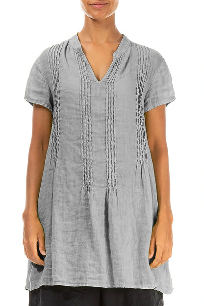 Pin-Tucked Silver Grey Gauze Linen Tunic 1