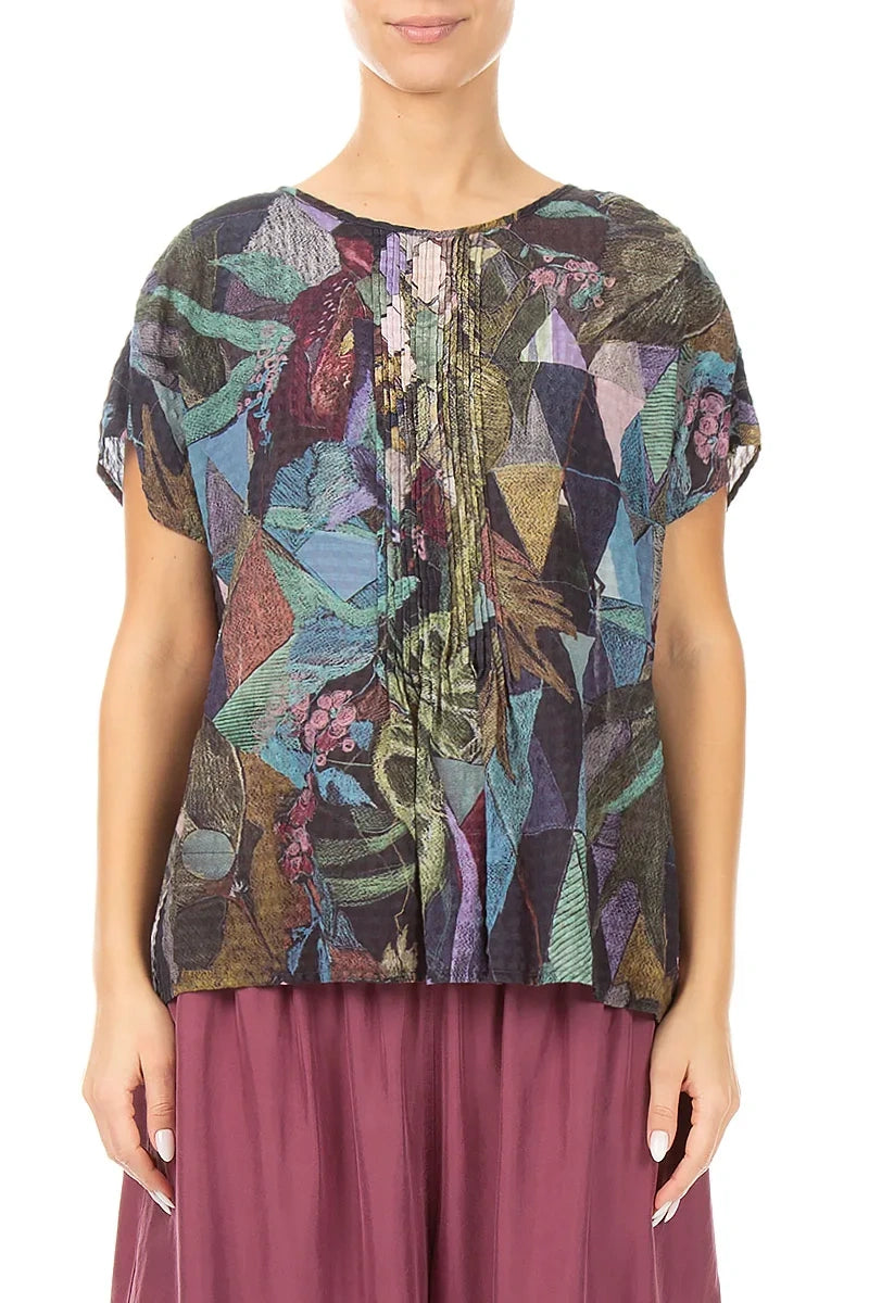 Pin Tucks Art Mosaic Textured Silk Blouse 1