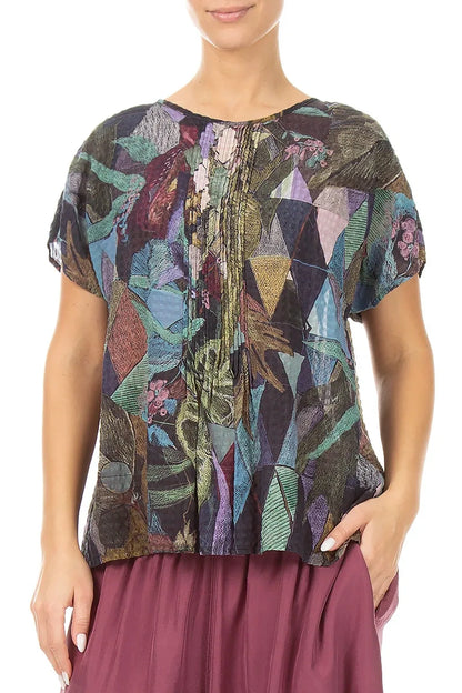Pin Tucks Art Mosaic Textured Silk Blouse 3