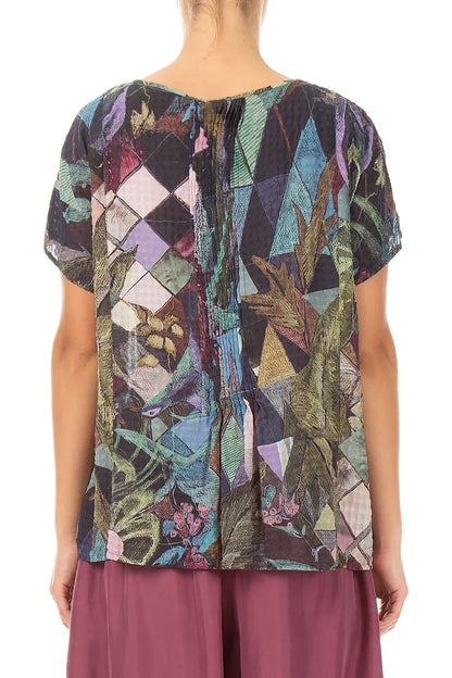 Pin Tucks Art Mosaic Textured Silk Blouse 2