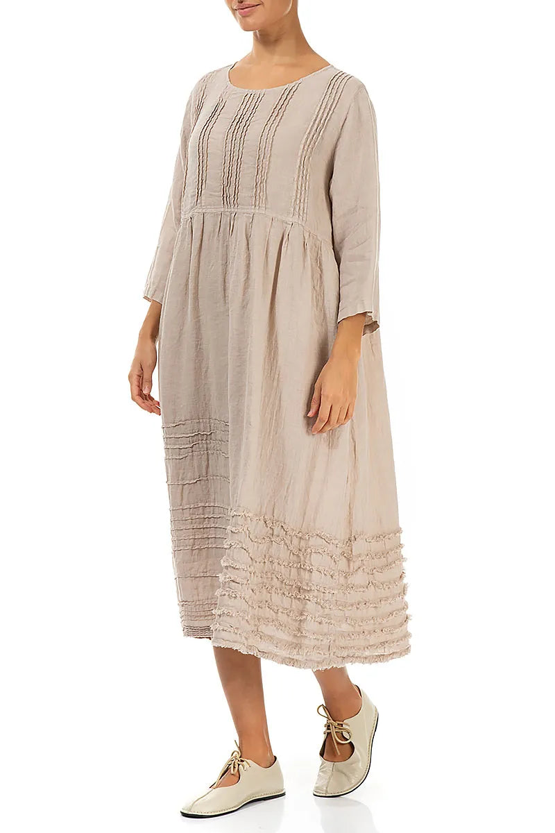 Pin Tucks Frayed Hem Beige Linen Dress 3