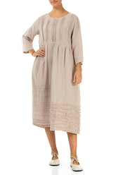 Pin Tucks Frayed Hem Beige Linen Dress 4