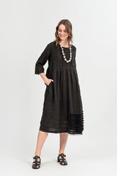 Pin Tucks Frayed Hem Black Linen Dress 1