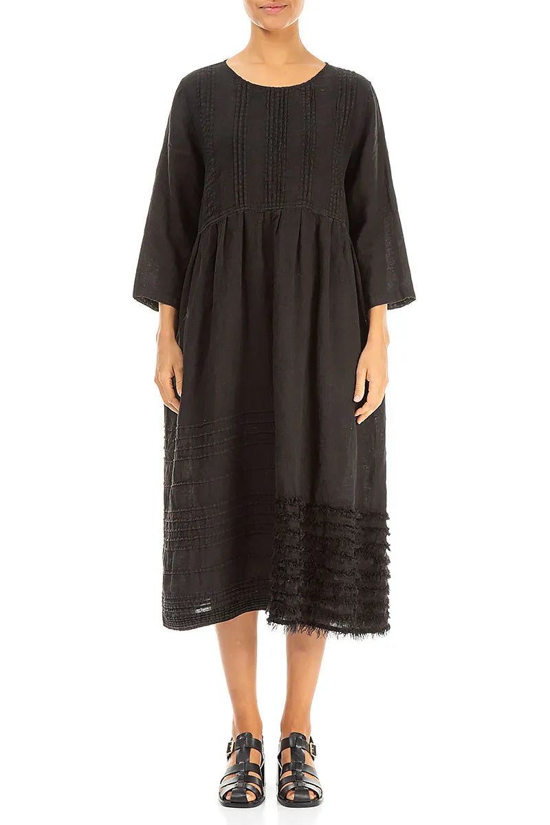 Pin Tucks Frayed Hem Black Linen Dress 2