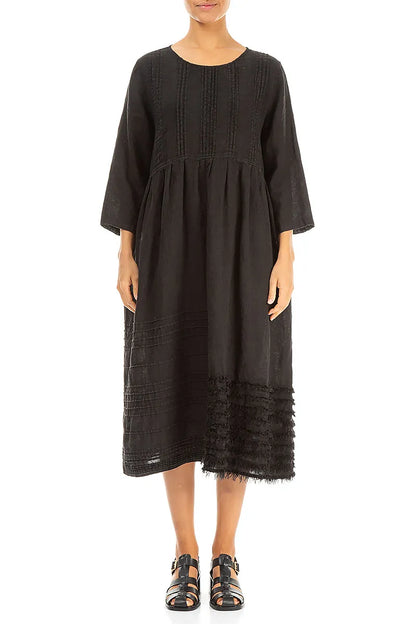 Pin Tucks Frayed Hem Black Linen Dress 2