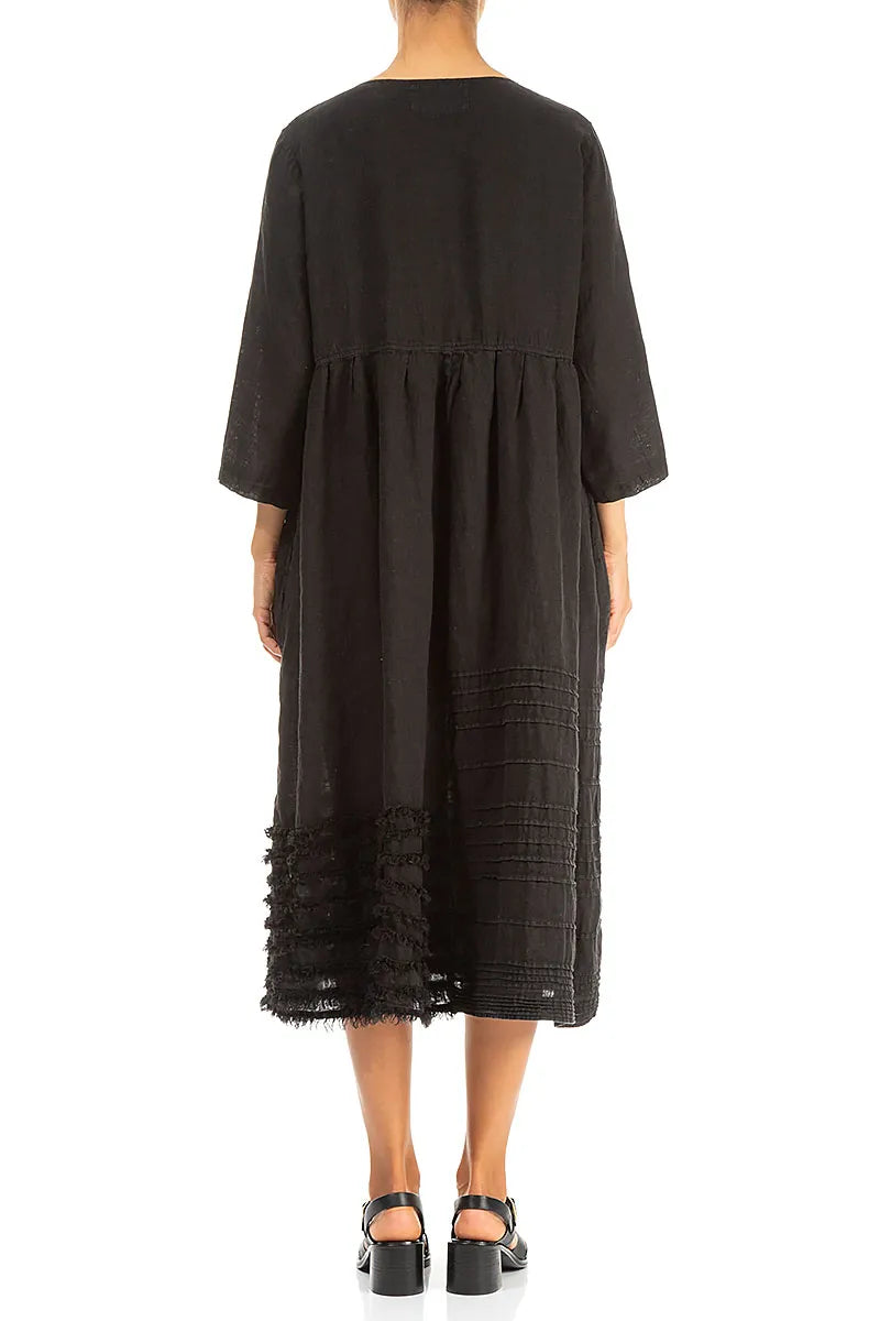 Pin Tucks Frayed Hem Black Linen Dress 3