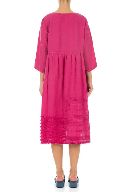 Pin Tucks Frayed Hem Fuchsia Linen Dress 2