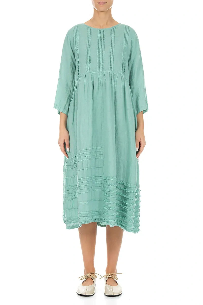 Pin Tucks Frayed Hem Mint Linen Dress 1