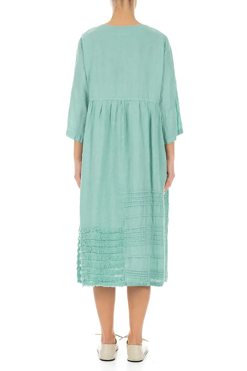 Pin Tucks Frayed Hem Mint Linen Dress 2