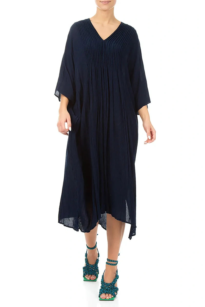 Robe en soie et viscose bleu marine à plis piqués