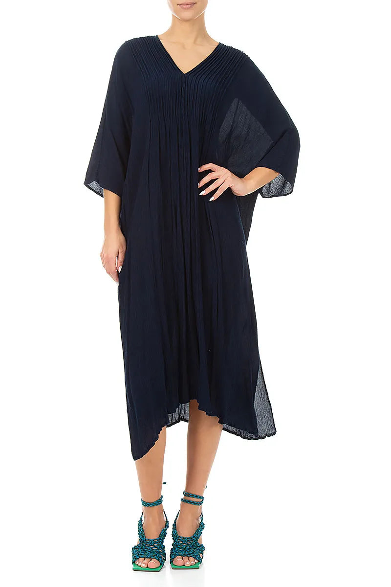 Robe en soie et viscose bleu marine à plis piqués