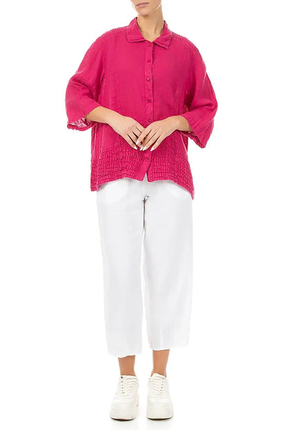 Chemise en lin gaze fuchsia avec détails smockés