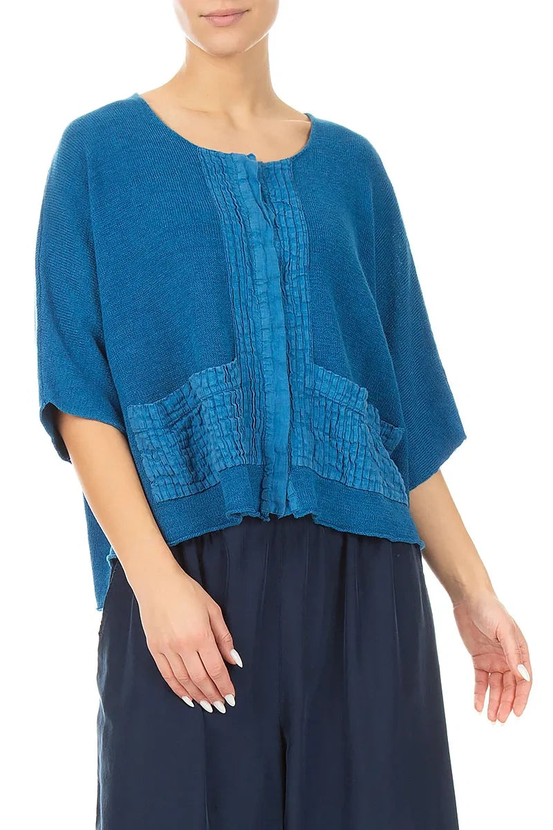 Pintuck Front Cobalt Blue Linen Cardigan 3