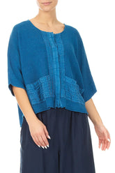 Pintuck Front Cobalt Blue Linen Cardigan 3