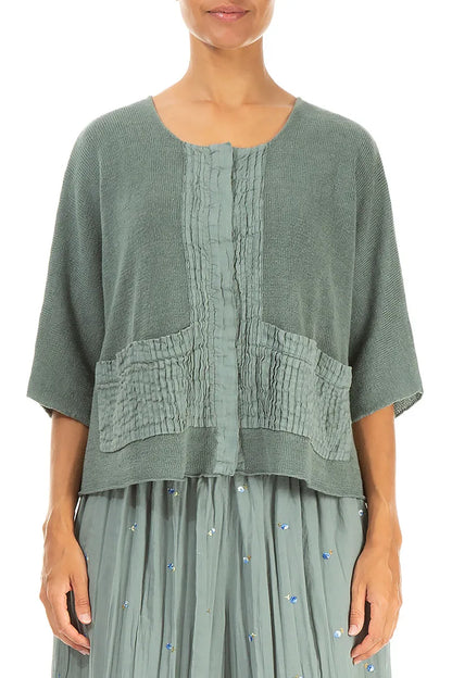 Cardigan en lin sauge à plis piqués sur le devant