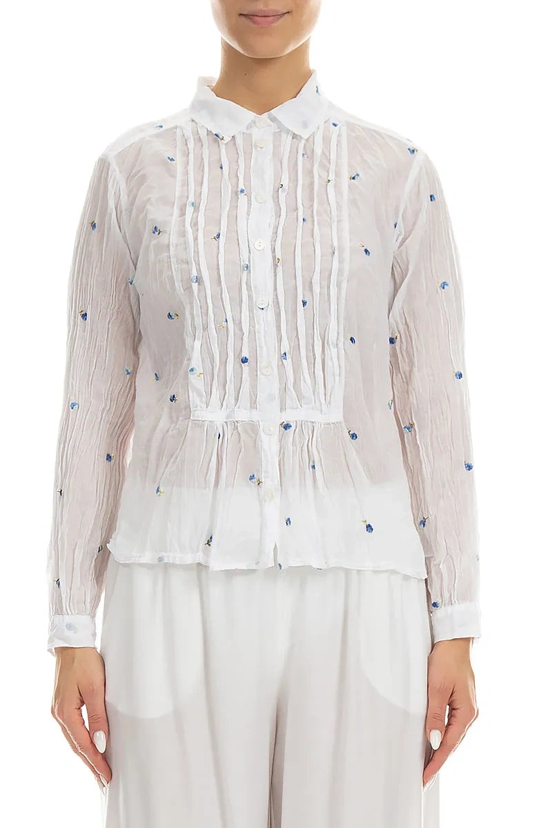 Pintucks White Embroidered Petals Cotton Shirt 1