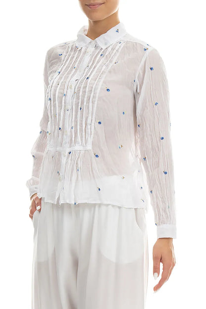 Pintucks White Embroidered Petals Cotton Shirt 3