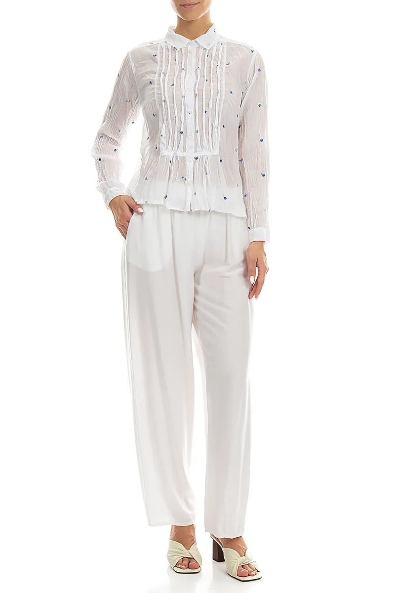 Pintucks White Embroidered Petals Cotton Shirt 4