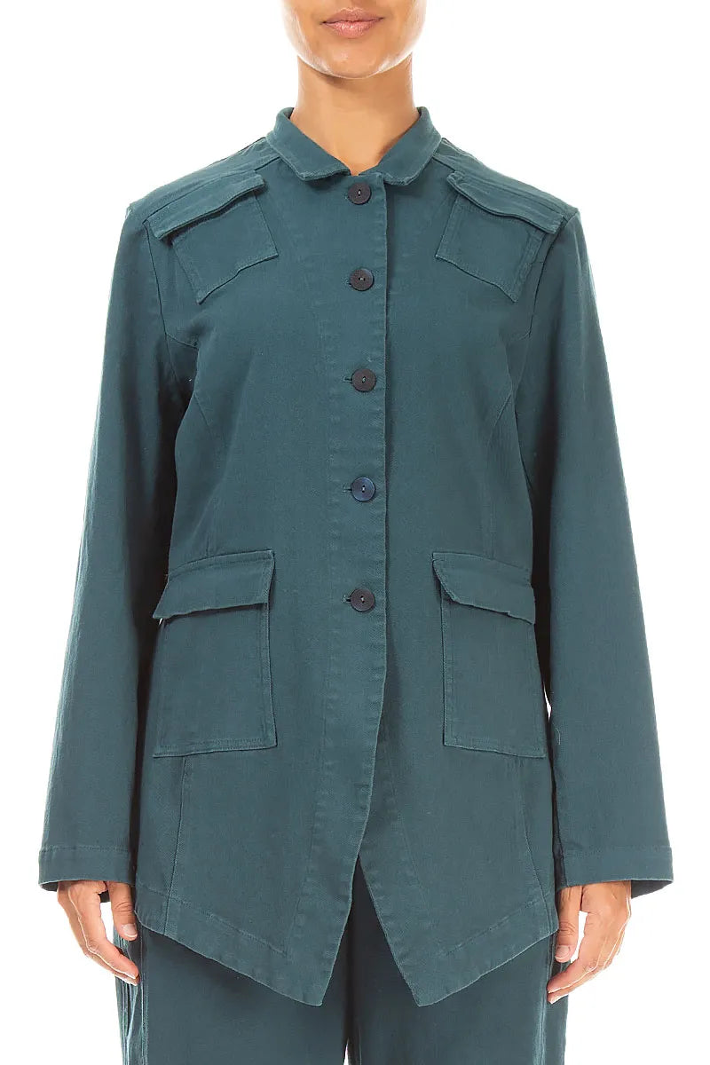 Veste en coton denim turquoise profond à ourlet pointu
