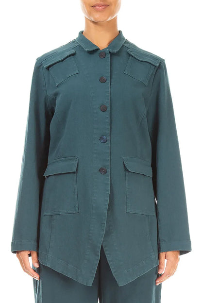 Veste en coton denim turquoise profond à ourlet pointu