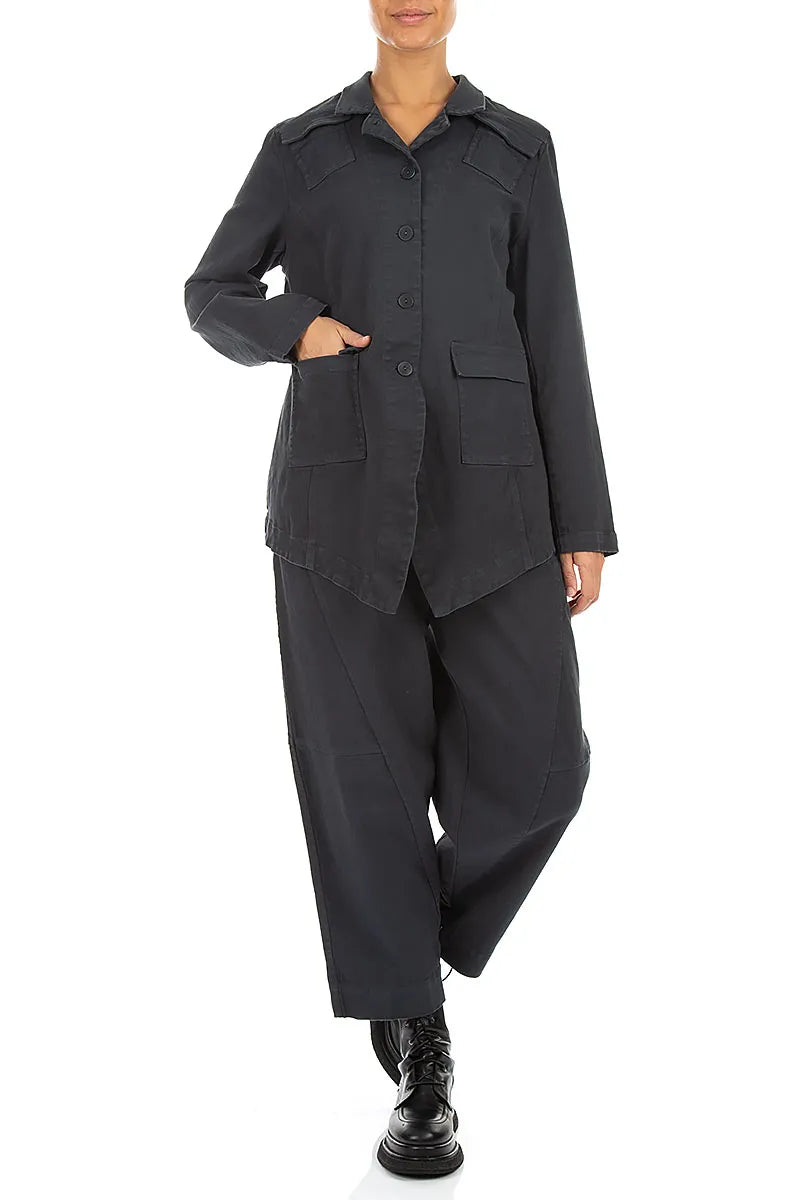 Pointed Hem Slate Denim Cotton Jacket