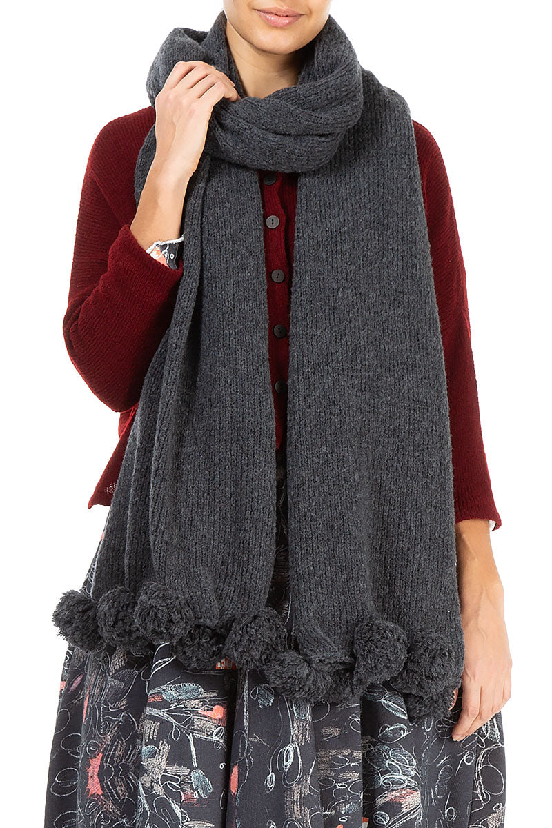 Pom-Pom Edge Dark Grey Wool Scarf 4