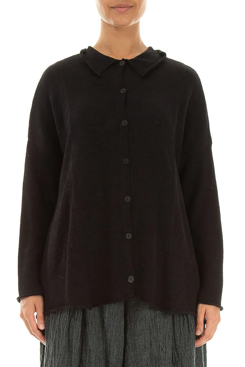 Raw Collar Black Linen Cardigan