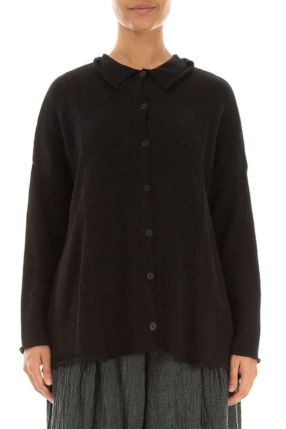 Raw Collar Black Linen Cardigan