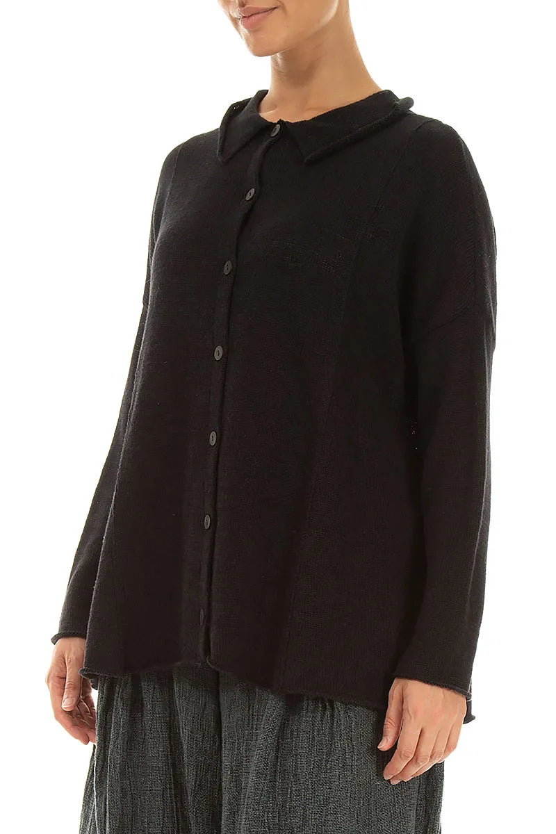 Raw Collar Black Linen Cardigan