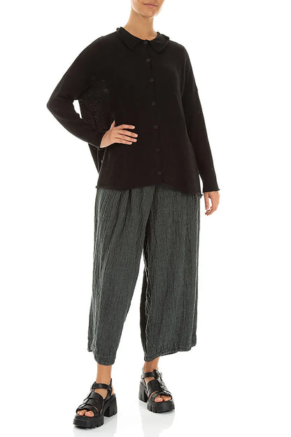 Raw Collar Black Linen Cardigan