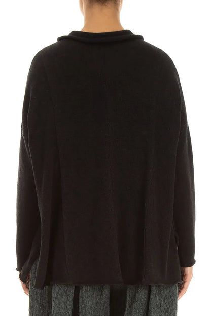 Raw Collar Black Linen Cardigan